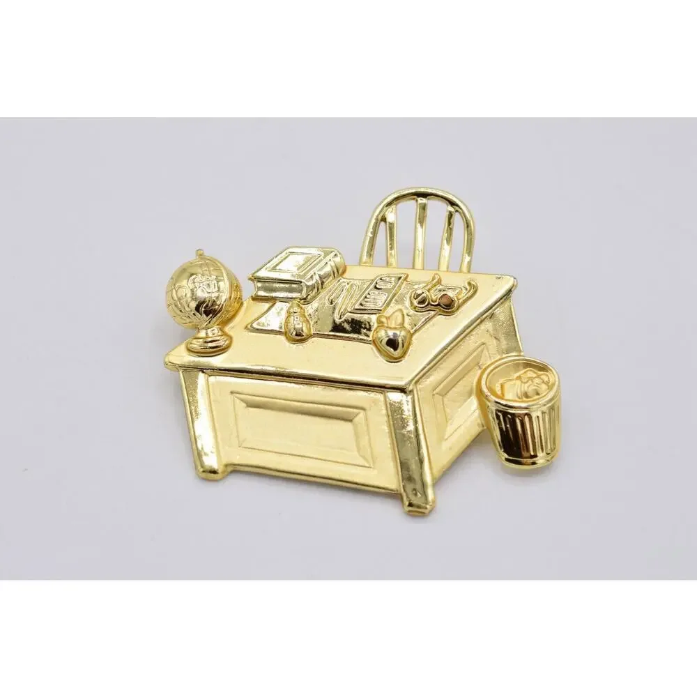 JJ Vintage Teacher Desk Pin Brooch Brushed Gold Professor Globe Signed 1980s 9B